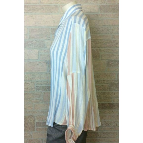 Umgee USA Blue Orange Striped Blouse Top Medium - Picture 2 of 6